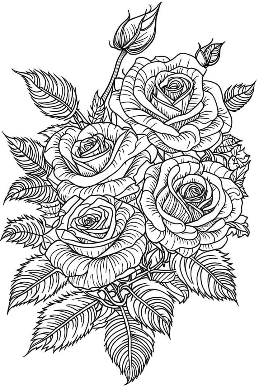 Outline art for coloring page, ROSES, coloring page, white background, Sketch style, only use outline, clean line art, white background, no shadows, no shading, no color, clear