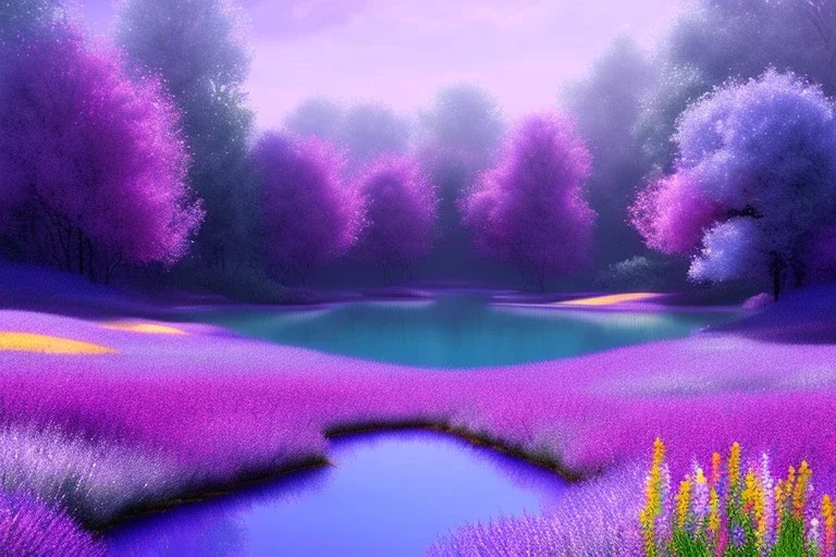 monde en fleurs bleu pink,blue lake, concept art, crépuscule , trees bleu pink violet oranger, vibrant Color, réaliste, crocus