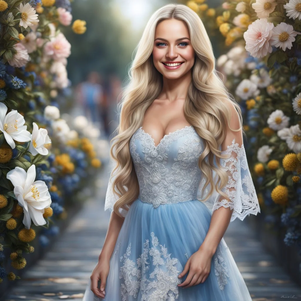 (best quality, 4k, 8k, highres, masterpiece:1.2), ultra-detailed, (realistic, photorealistic, photo-realistic:1.37),hyper realistic, full body gorgeous smiling 1woman,long hair,looking at viewer,realistic proportions,blue eyes,hair ornament,transparent lace dress,very long hair,flower,blonde hair,parted lips,necklace,white dress,blonde hair,lips,joyful pastel background,freckles,realistic,head wreath, pink flower,realistic portrait, dreamy fantasy landscape countryside,great pespective,crystal