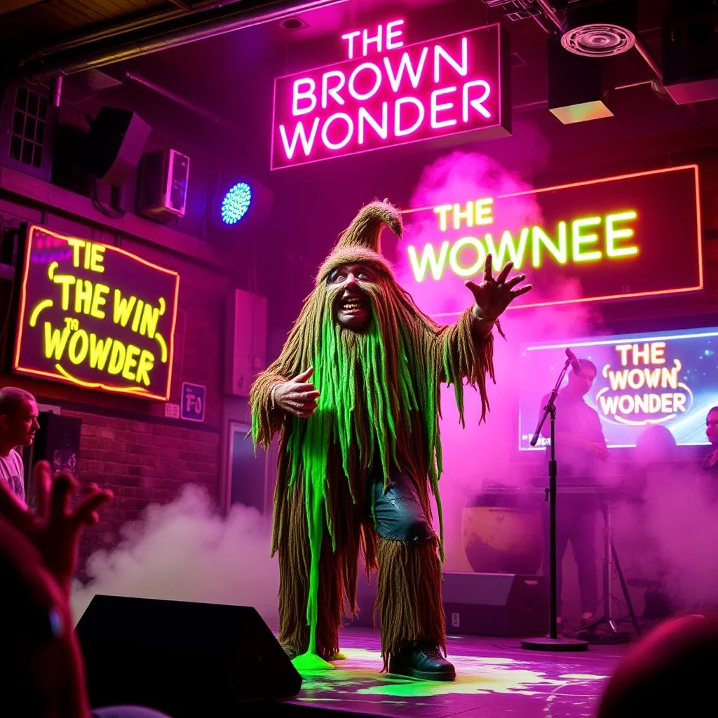 An "BIG POOP" performing at dance club, his name is "BIG POOP" and looks crazy, and green slime on stage, Neon lights and smog, "DAS BRAUNE WUNDER" SIGN ON WALL