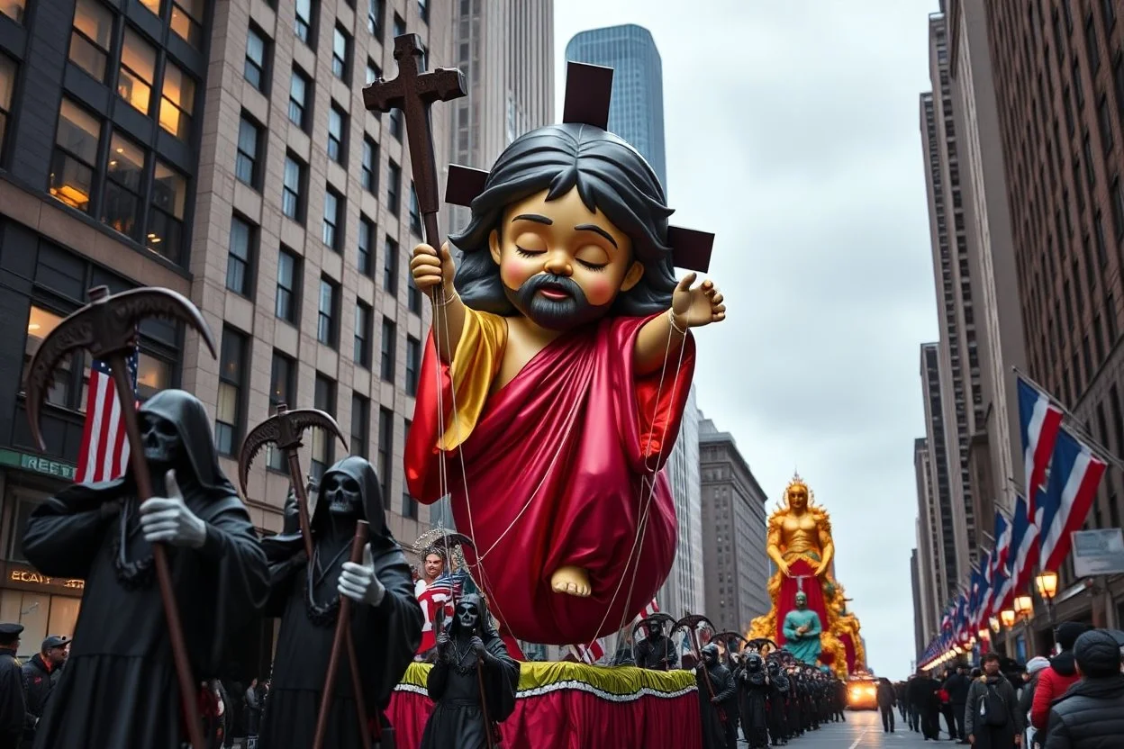 macys thanksgiving day parade style cartoonish giant baby jesus floating parade balloon pulled by multiple grim reapers, multi colored, bright, vivid, psychedelic, high detailed, high gloss, insanely detailed, matte, horrorcore, lining the street, unsettling contrast, monument to death, live action shot grim reaper parade, pulling a jesus parade float