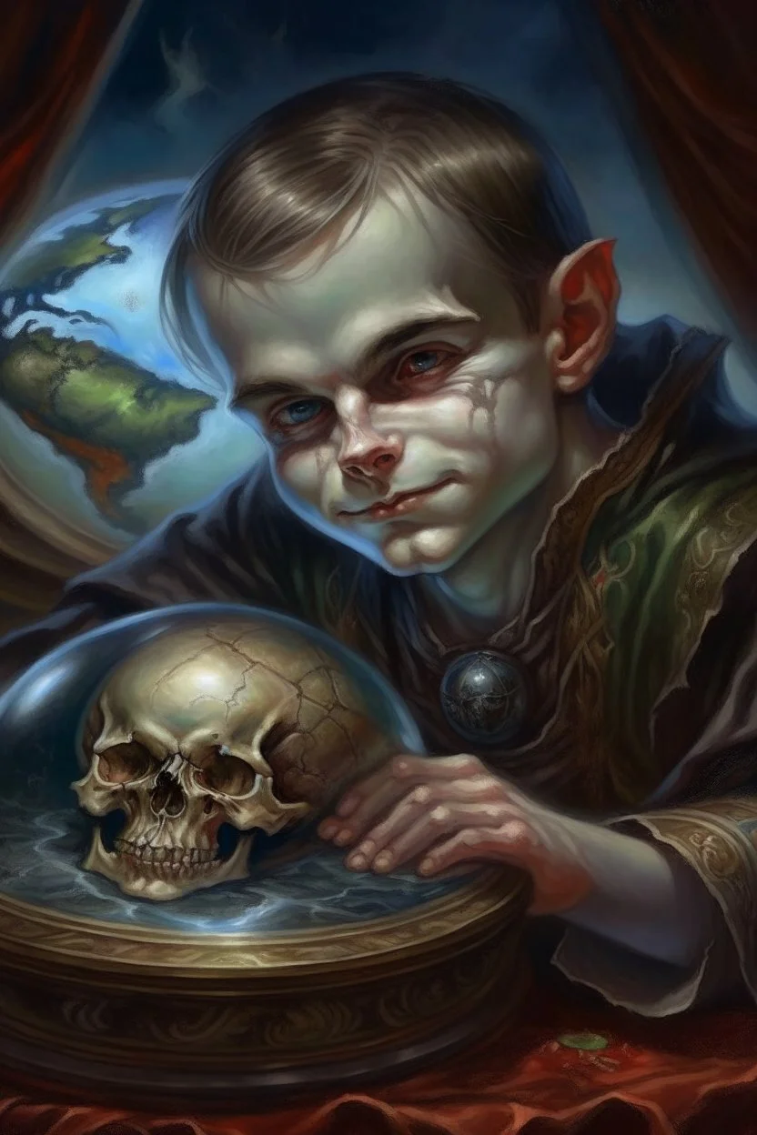 book cover illustration, oil painting portrait of metallic sleeping slightly cute smirking vampire holding small earth on a platter, bokeh , high detail, smooth render, prize winning, down light, depth of field