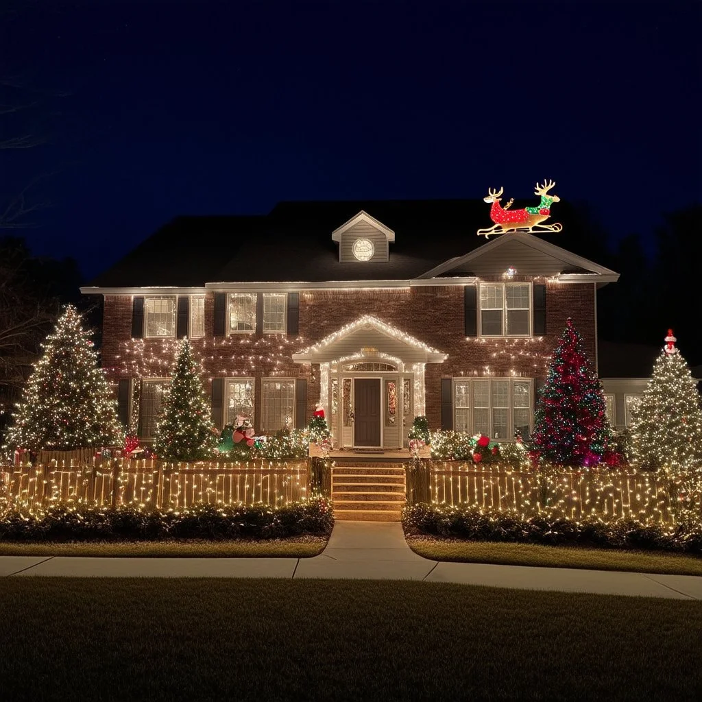 photograph taken by a gopro camera of a large suburban house and landscaping and fence with an insanely detailed Christmas light display lit up at night. Christmas lights on everything, Santa's sleigh and reindeer on roof all lit up with individual christmas lights, christmas light on everything to an unbelievable degree, 100,000 individual lights, ridiculous and impossible amount of lights, lights can be seen from space