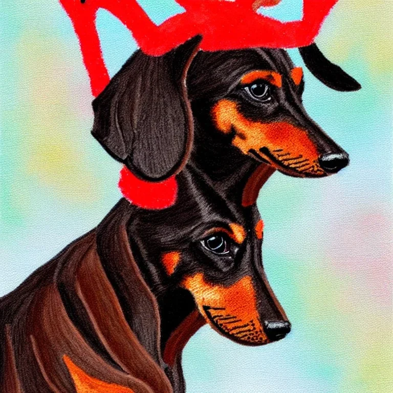 black and brown dachshund in a reindeer costume profile impressionism