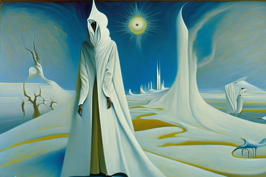 A woman wearing a white turban and long white coat in a surreal landscape by artist "Leonora Carrington" and "Max Ernst"