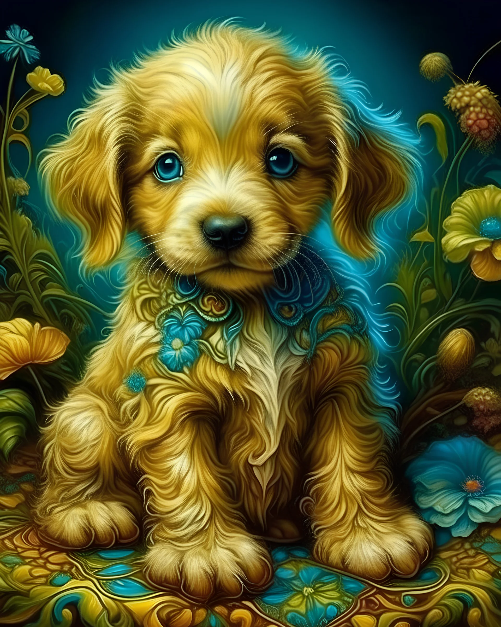 In the style of josephine wall, a beautiful puppy, sitting, stunning, spectacular, 3D