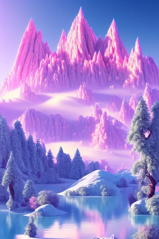  mountain topped with pink ice-cream, lake, trees, mystical, Neo-Dada,