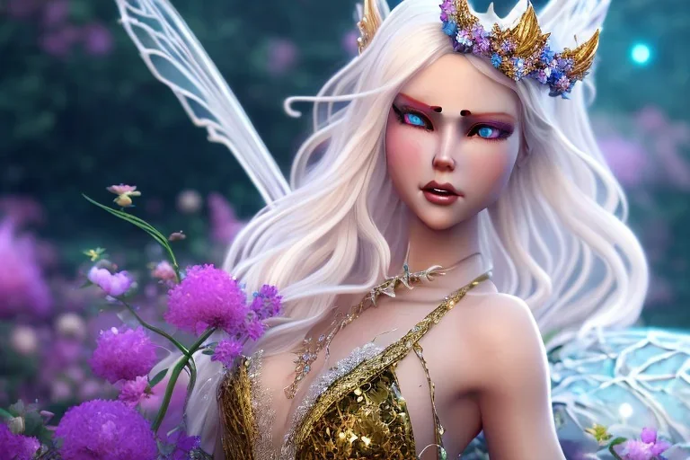 Fantasy cute fairy with wings, smiling, make up, long blond platinum hair, blue eyes, crown, beautiful dress, flowers in background, HQ, unreal engine