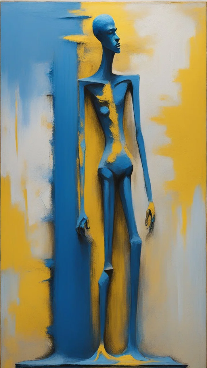 a tough oil brush blue and yellow abstract on rough canvas make a surreal figure of a very tall and thin sculpture