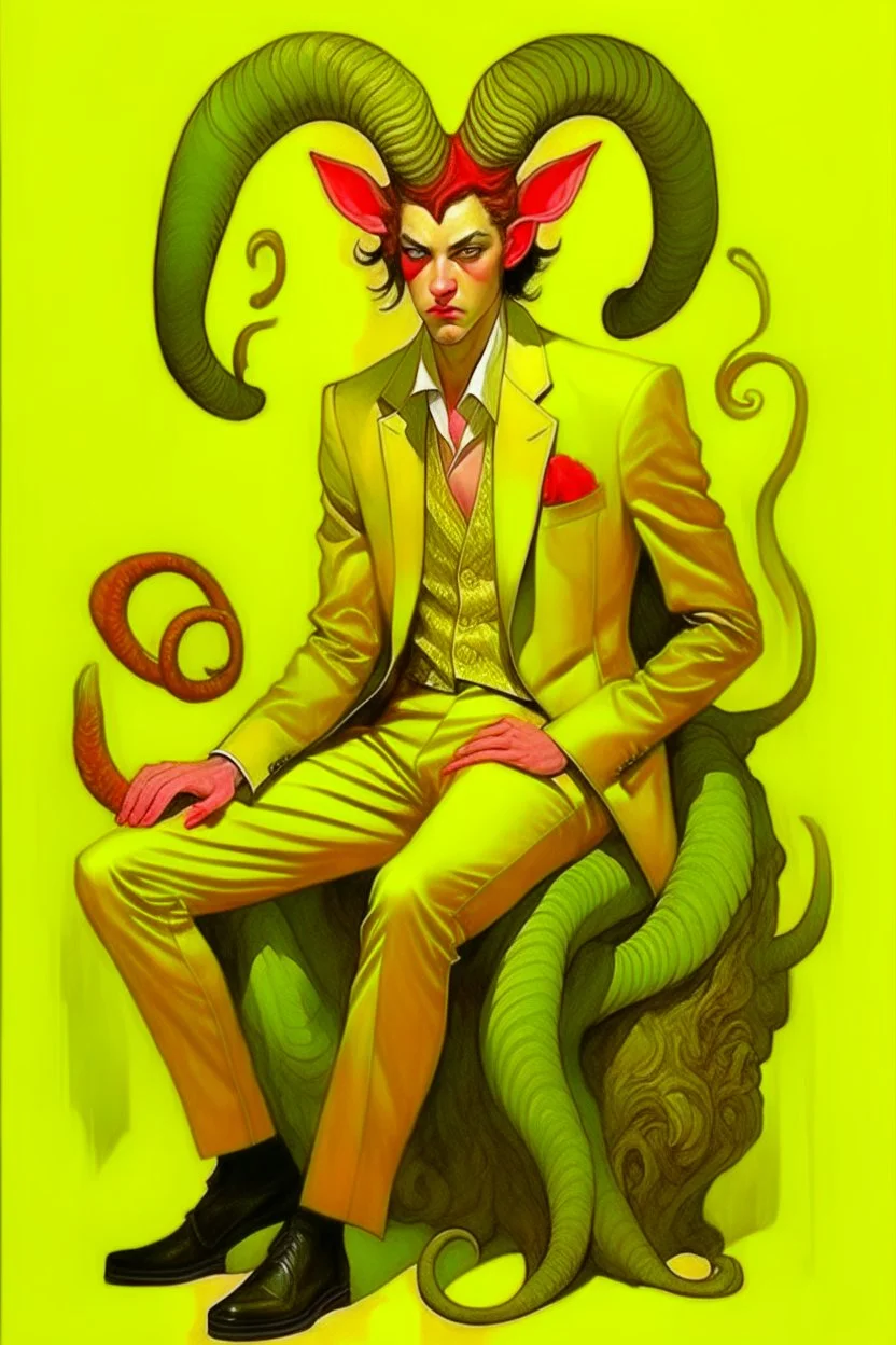 Satyr with cloven hooves, horns, and a tail who is wearing a designer silk suit by Pucci; neo-surrealism