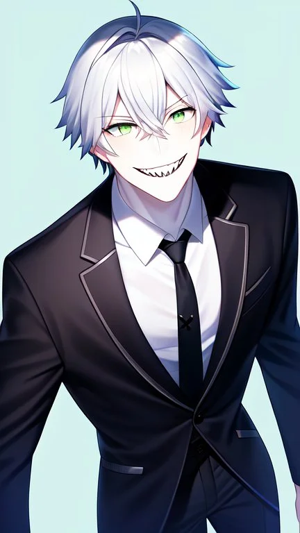 plauge doctor in balck leather coat and suit with silver hair, pale skin and bright green eyes smiling with sharp teeth, nice young face, male, viscious smile