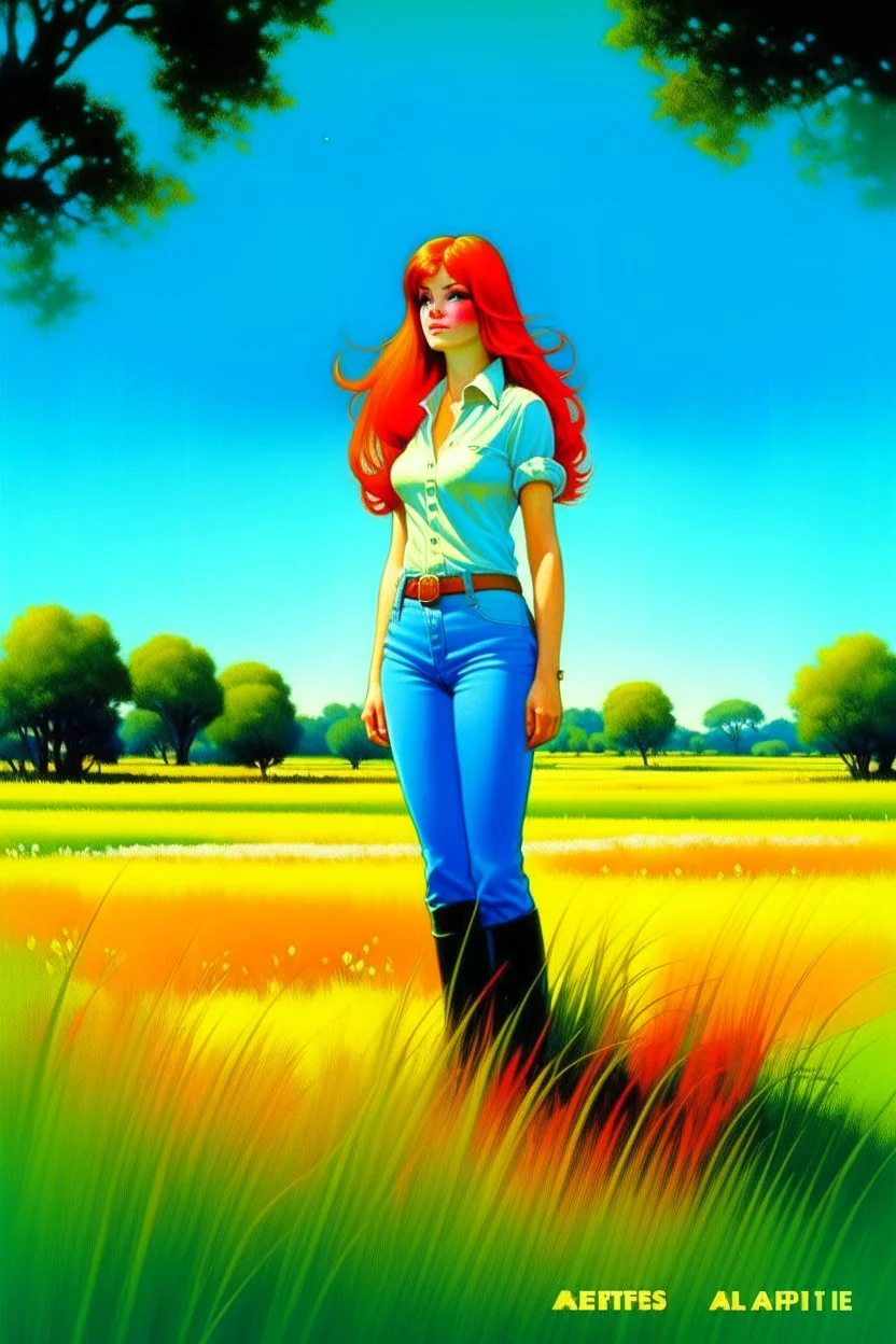 full body and headshot of a skinny young woman, with long straight red hair, standing in an open field, surrounded by trees, Frank Franzetta