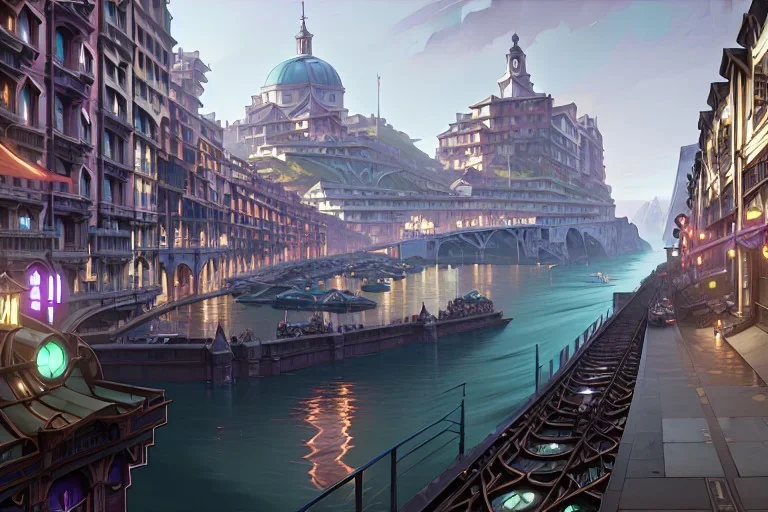 Elevated Corner Trainstation in Italian village sea+riomaggiore ++alphonse mucha, greg rutkowski,matte painting, cryengine, hyper detailed, felix kelly, fantasy art, seb mckinnon