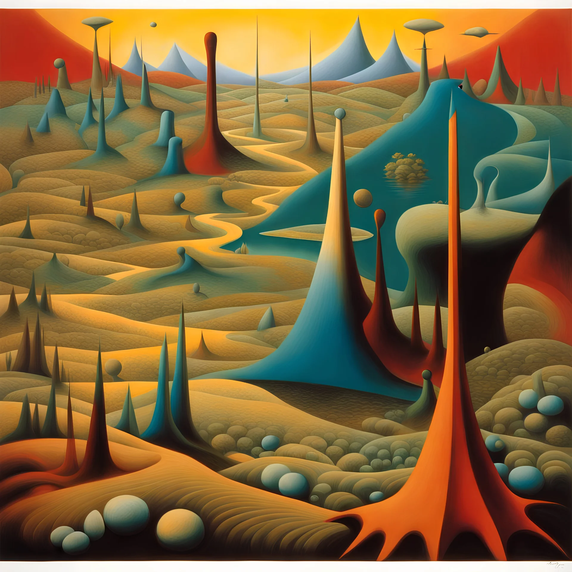 Surreal essence of a dreamlike landscape, inspired by the poetic and emotionally rich style of Max Ernst, vivid colors, enigmatic forms, and an underlying sense of mystery that resonates with the viewer's emotions