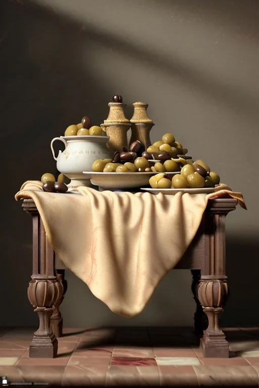 renaissance style still life composite, dish of Raviolis with chocolate, hazelnuts, albahaca, olives, olive oil. moisture, art, natural, ornaments, ceramic, marble, high kitchen, smooth, god rays, unreal engine 5, ray tracing, RTX, lumen lighting, ultra detail, volumetric lighting, 3d.