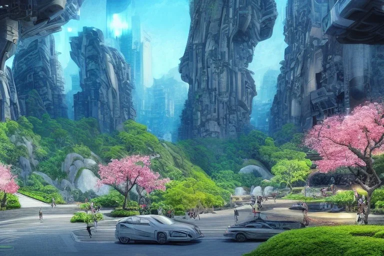 futuristic cyberpunk city, advance civilization, luxurious streets, with lush italian sakura garden located on waimea canyon in kauai, rocks formed by water erosion, beautiful smooth sandstone in unique shapes with light beams that shine through its walls, polish narrow slots of walls into a striated swirling finish, digital painting, concept art, smooth, sharp focus, from star trek 2021, illustration, by wlop and ruan jia and mandy jurgens and william-adolphe bouguereau, artgerm