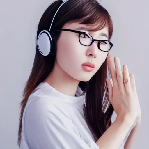 Portrait of a beautiful Korean girl with brown hair and round glasses wearing white headphones with her hand under her chin