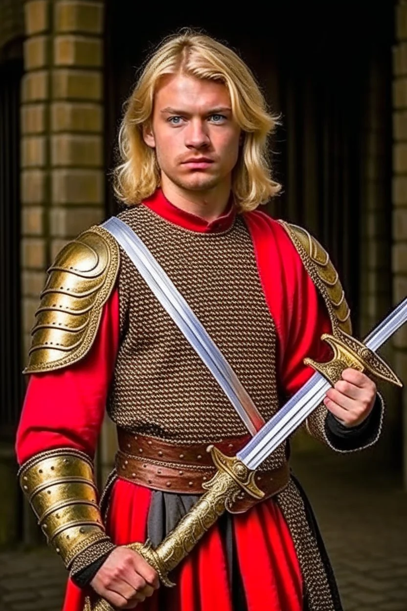 european blond hair adult royal guard swordsman with rapier