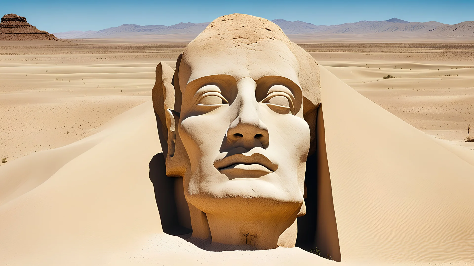 A double exposure of a stone head in a desert with the face of a man superimposed on it. Other artifacts are in the vicinity. Surrealism by Salvador Dali and Toyen. Oth