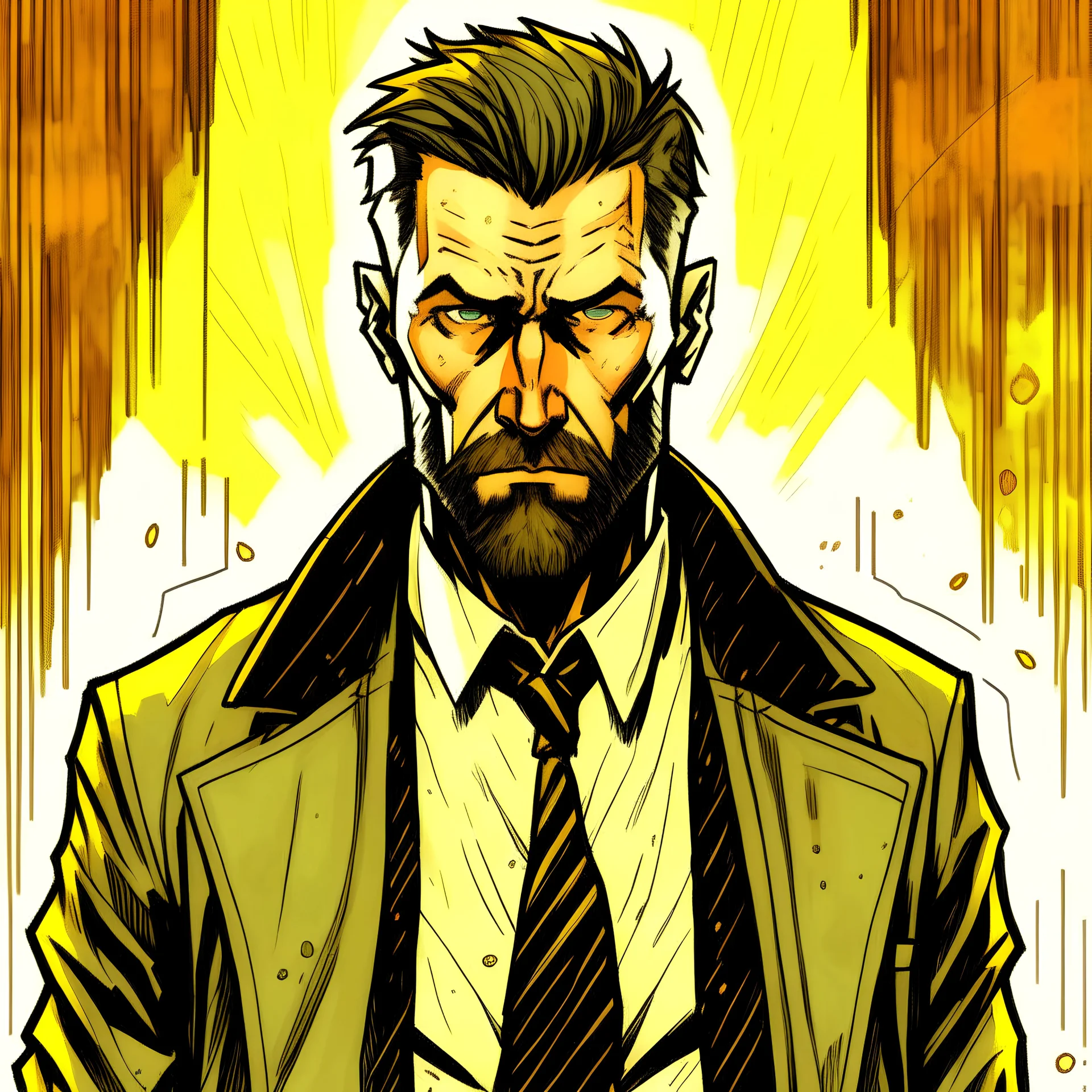 create an male character based on john constantine, fatter, older, dark brown short hair and long beard, flat background, no jacket and black tie, larger jaw, realistic