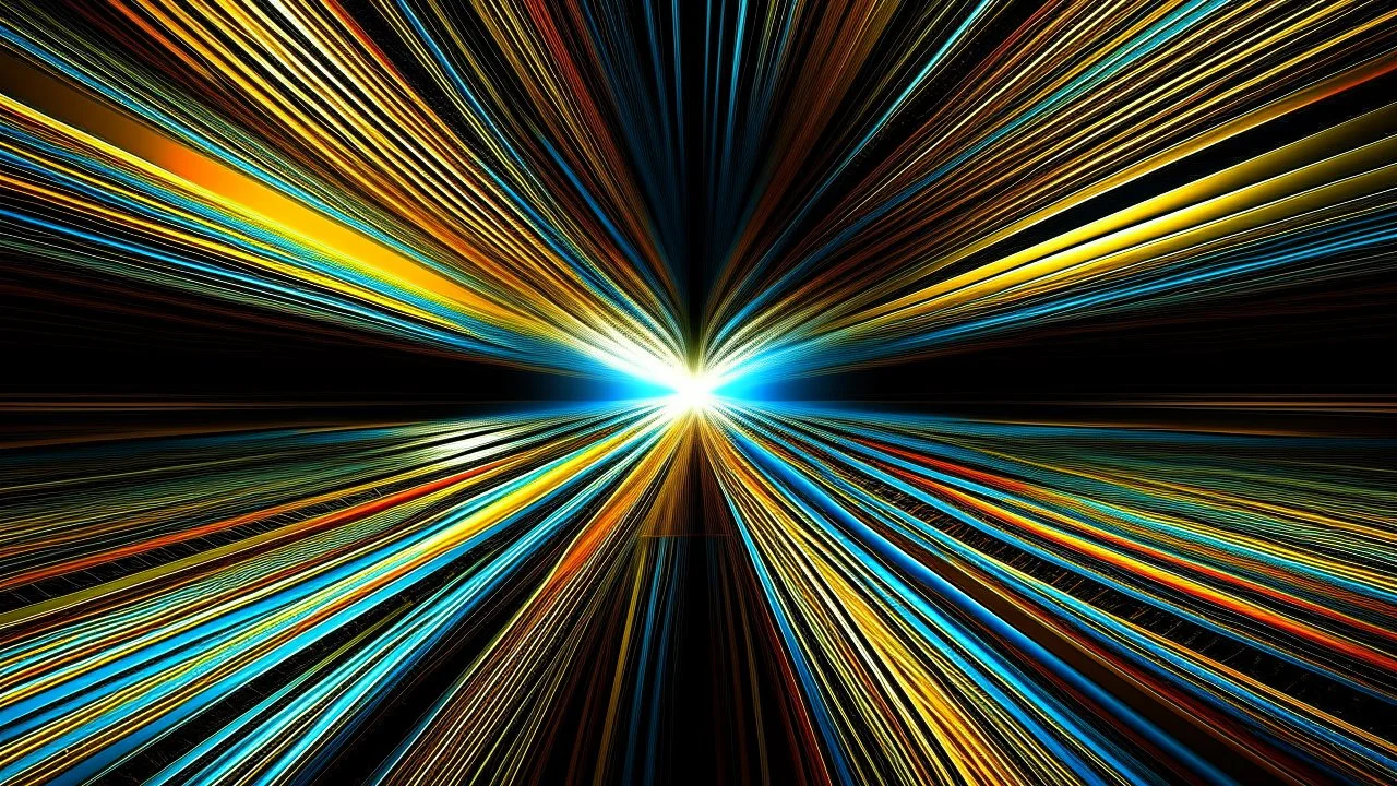 Pictorial field dominated by luminous diagonal bands crossing at the center, paint mixed with metallic powder creating dynamic reflections, sense of energy and motion in the colored lines, Rayonism style.