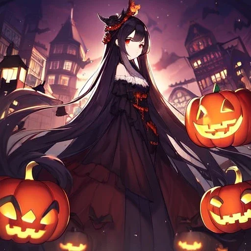 Clear focus, high resolution, black long fluffy hair, red eyes, wearing a halloween outfit