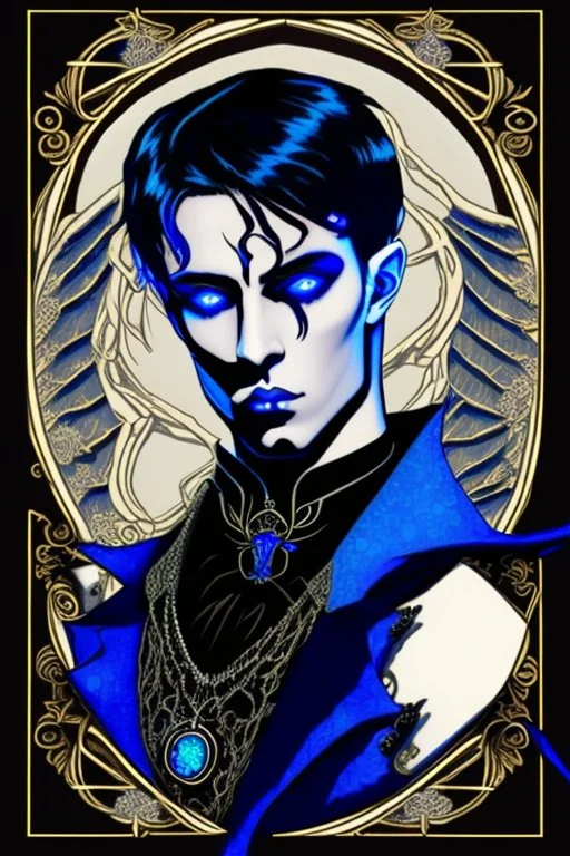 black haired blue eyed young man necromancer with gothic jewelry in the style of erte