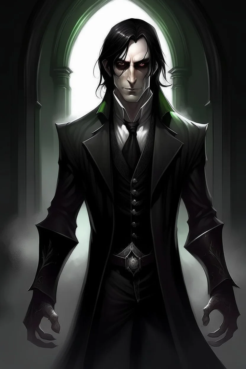 the dark butler, elf with dark hair, dark clothes, shadow magic