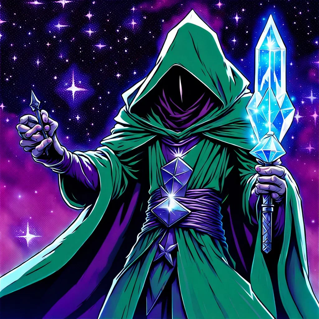 hooded sage with galaxy stars instead of face holding metal sceptre in crystal castle 90's tcg art