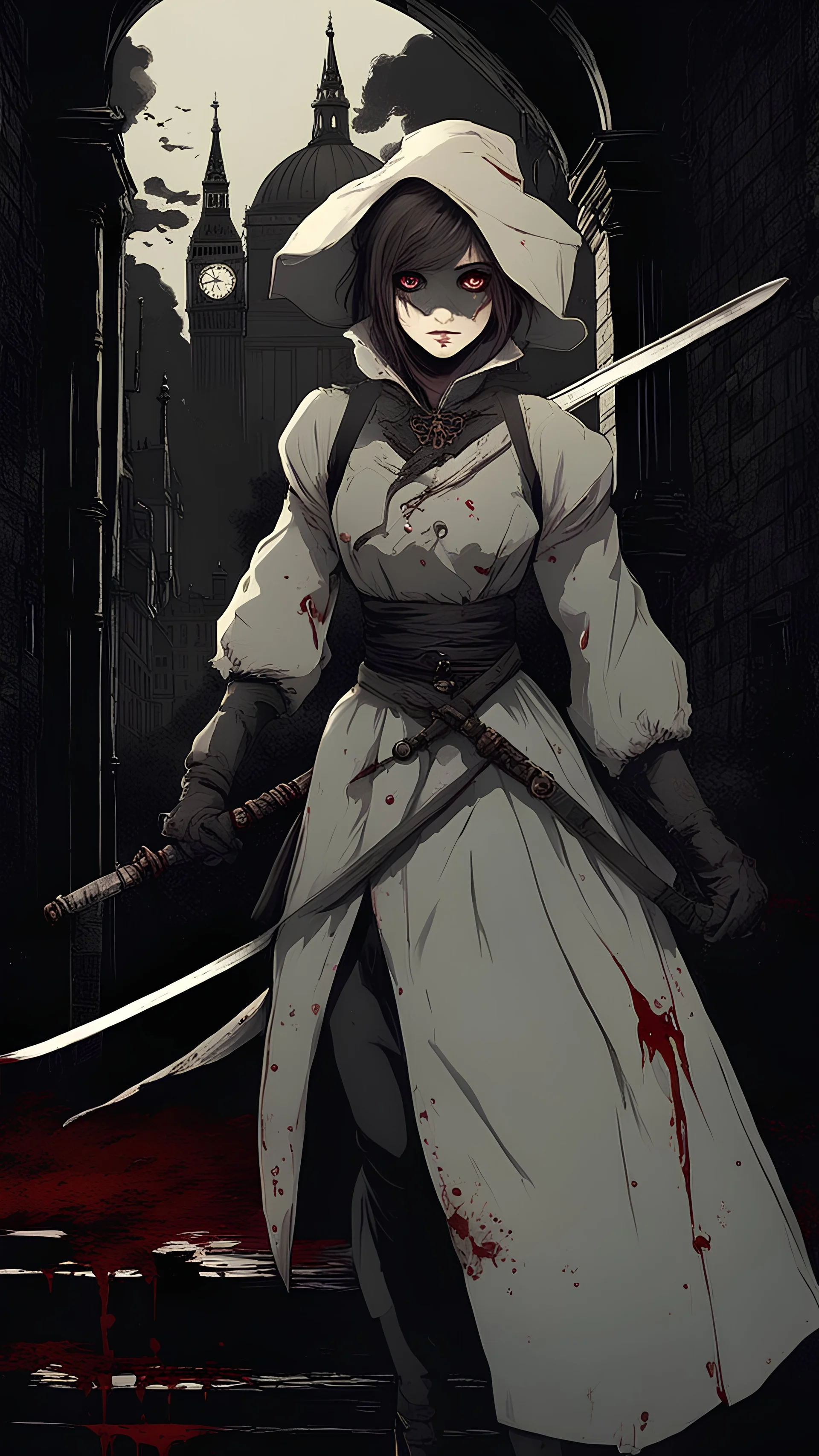 Bloodborne style girl with bloody eyes holding a katana and the atmosphere is dark and the time is 1800s london themed