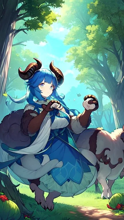 Two Girl goat horns, blue hair, clearing in forest, goat foot, cabbage in hand , hoof foot