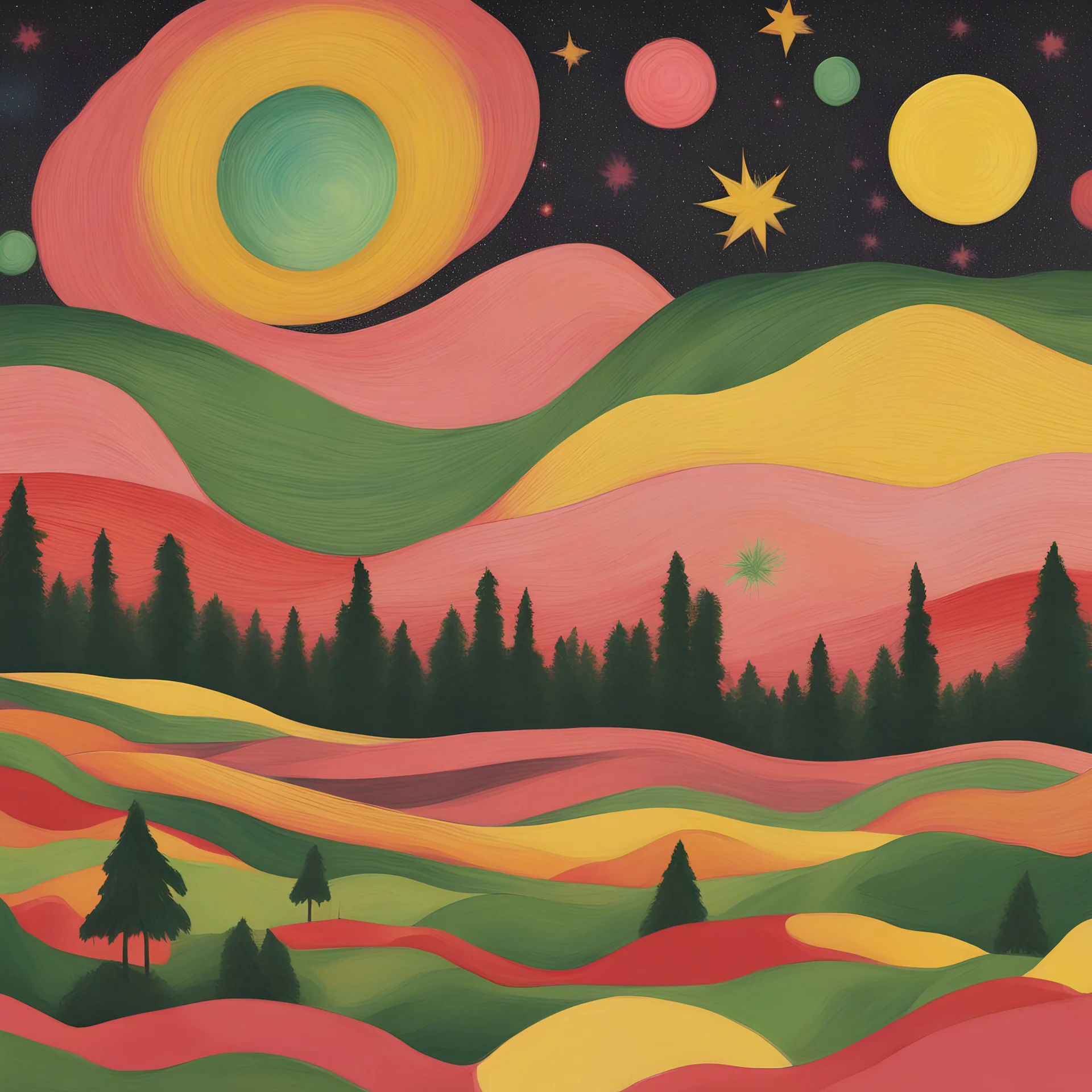 Starry night with Yellow colours and Red colours and Green colours and Pink colurs