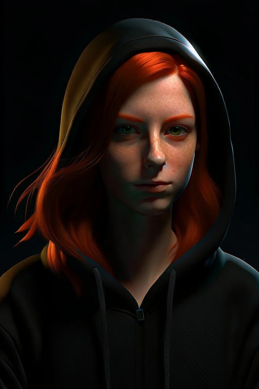 An animated woman with dark brown eyes and shoulder length red hair wearing a black hoodie. Realistic.