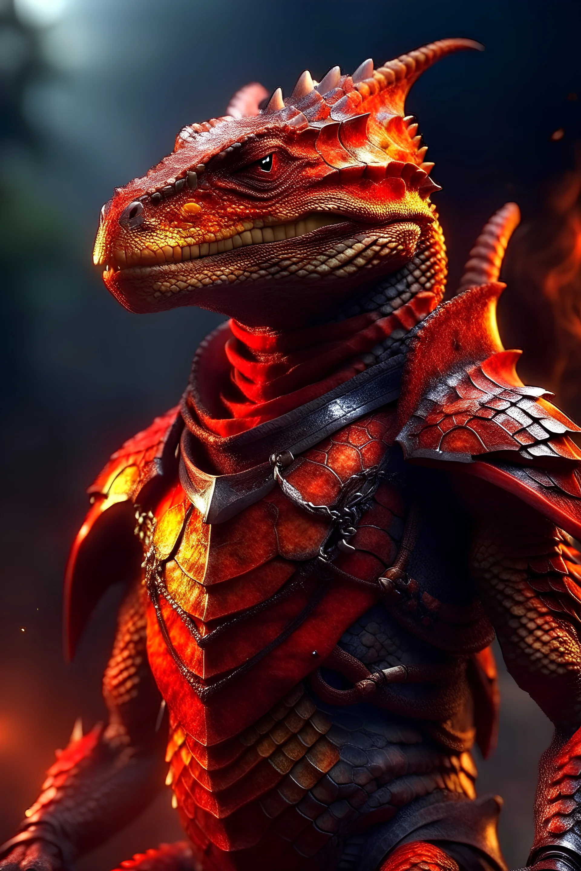 Humanoid lizard, red skin, fantasy armor, fire in the background.