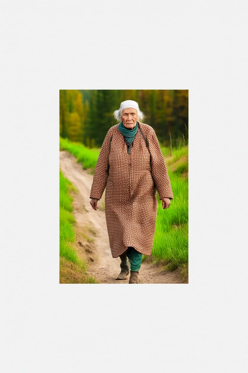 old russian woman outside of her shack on a mountain