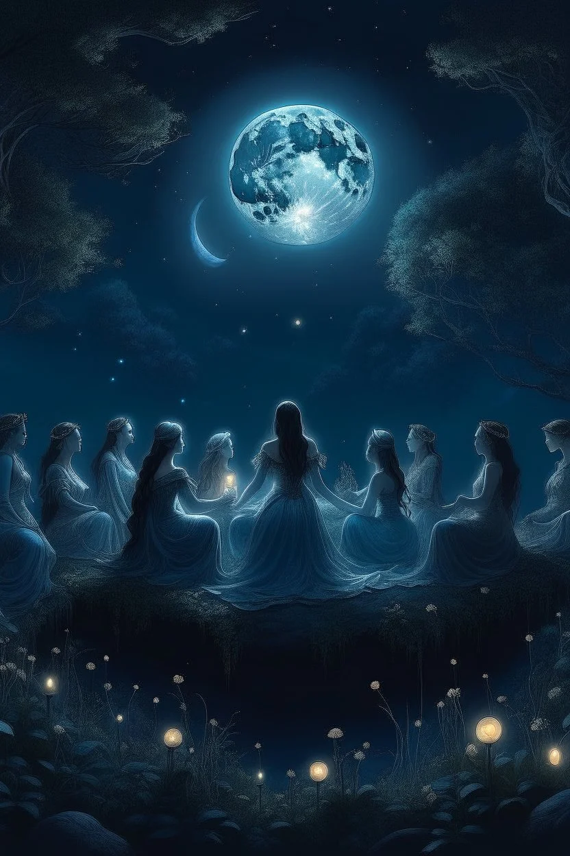 "Generate an AI art piece featuring natural moonlit nightwives, mythic figures connected to the moon's magic. Picture ethereal women in harmonious scenes with the night sky, surrounded by elements of nature. Capture the enchantment of these celestial beings in your artwork."