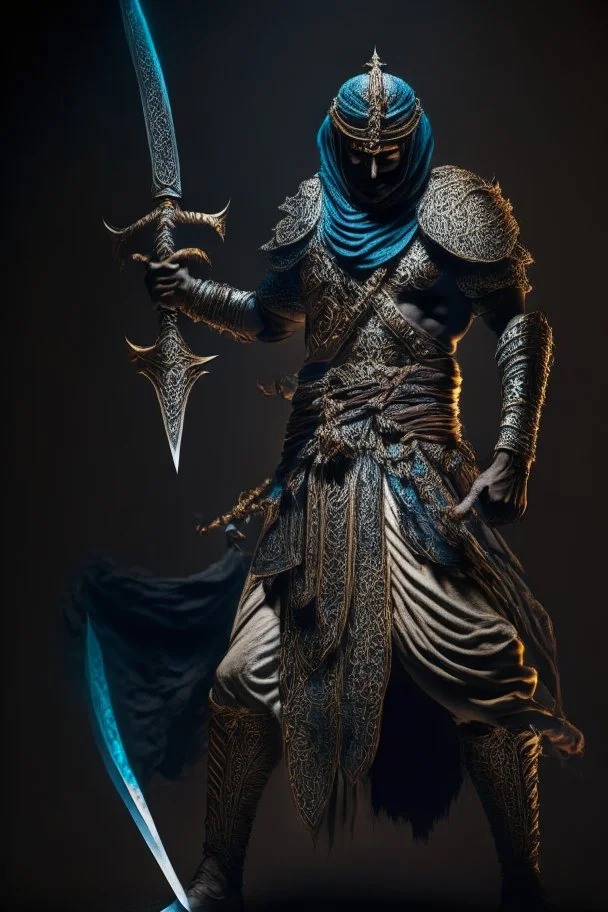 Arabian warrior, full body, sword in hand, intricate detail, high quality, dark background, cinematic lighting,cgi, vivid colours