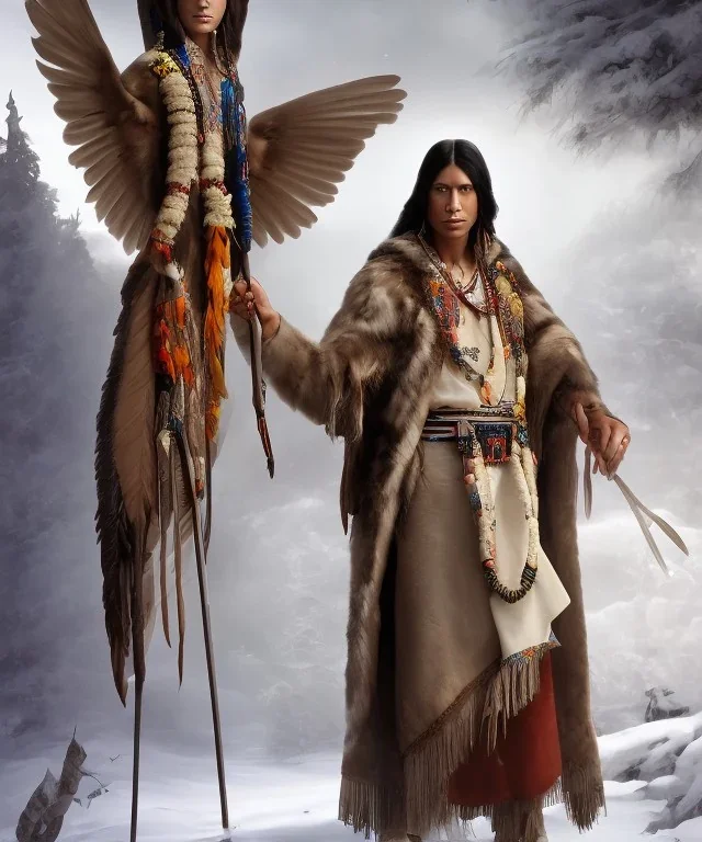 shaman, male native american, long black hair, black hooded coat like wings