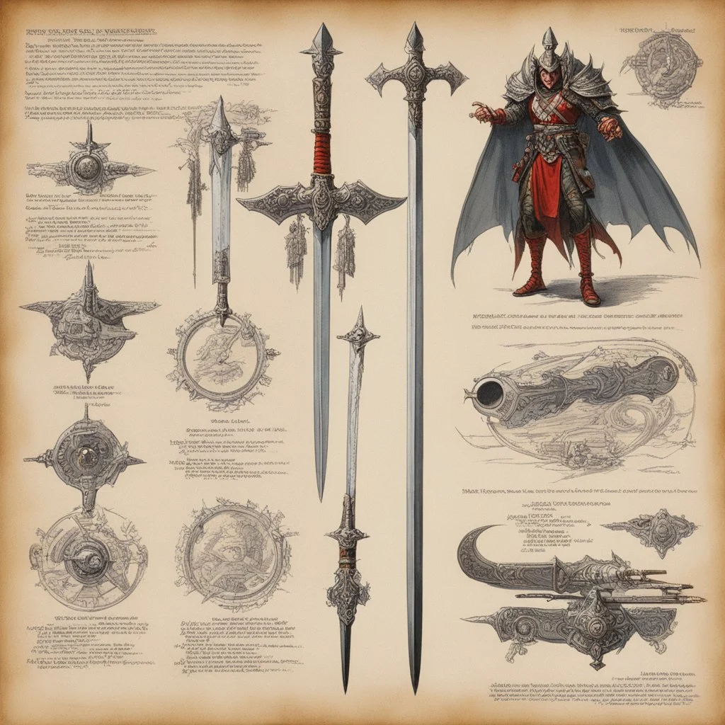 [art by Jack Davis] ConceptSheet: A document showing a super powerful demonic espadon dual handed sword of incomprehensible power.