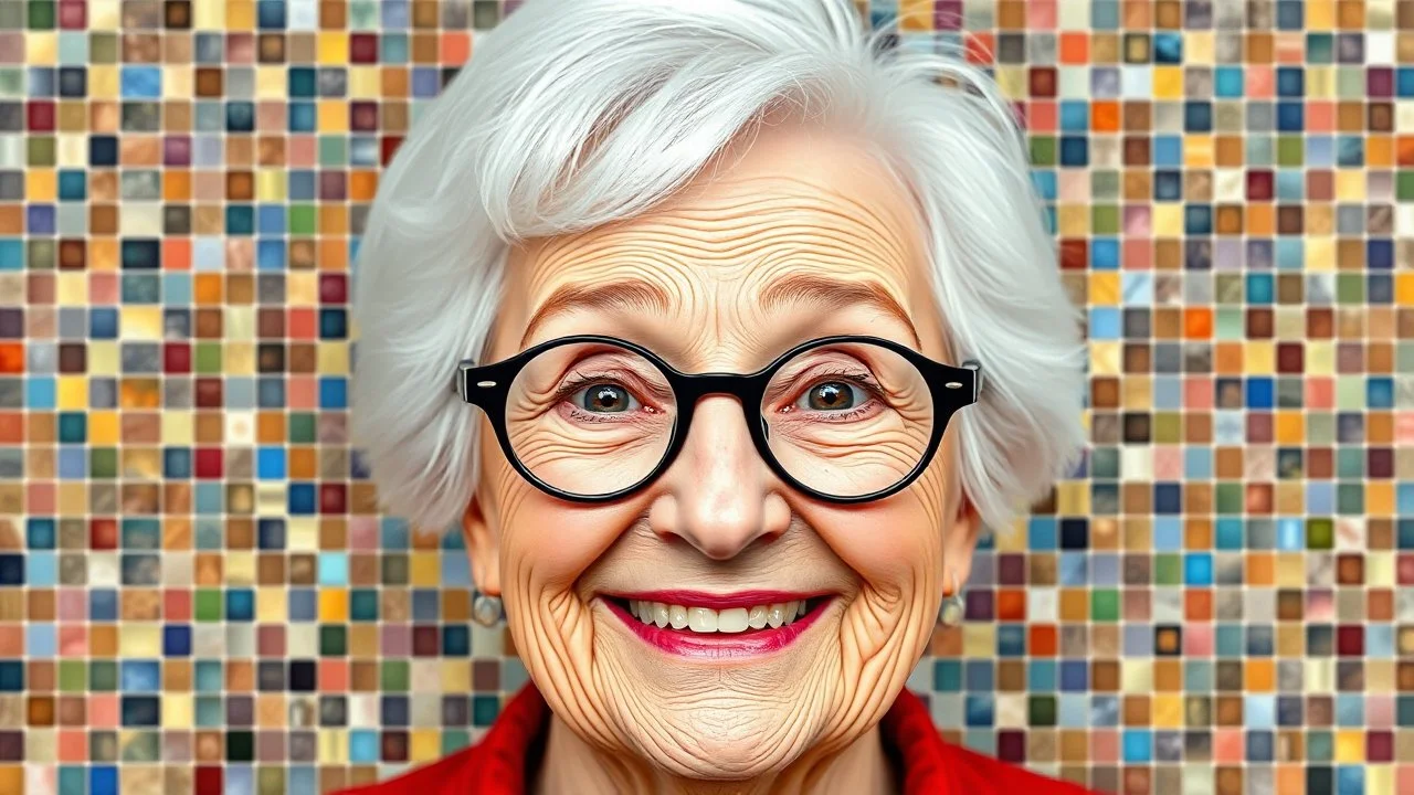 The image is a digital art piece that appears to be a portrait of an elderly woman's face. The woman has white hair and is wearing round glasses with black frames. She has a big smile on her face and her eyes are wide open, as if she is looking directly at the viewer. The background is made up of small squares of different colors and patterns, creating a mosaic-like effect. The squares are arranged in a way that creates a sense of depth and dimension, with some overlapping each other. The overal