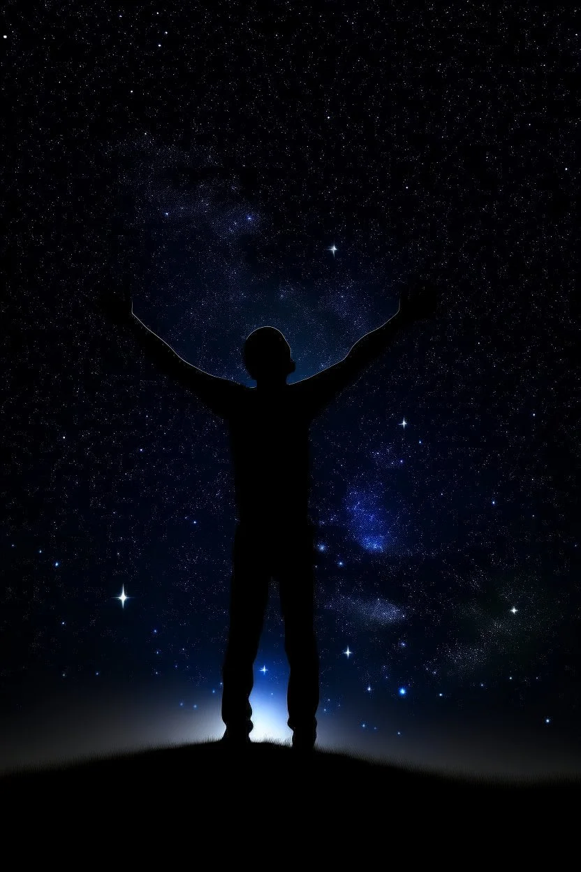 The outline of a figure stretching his arms towards the sky. In the sky, the stars are all in nature.