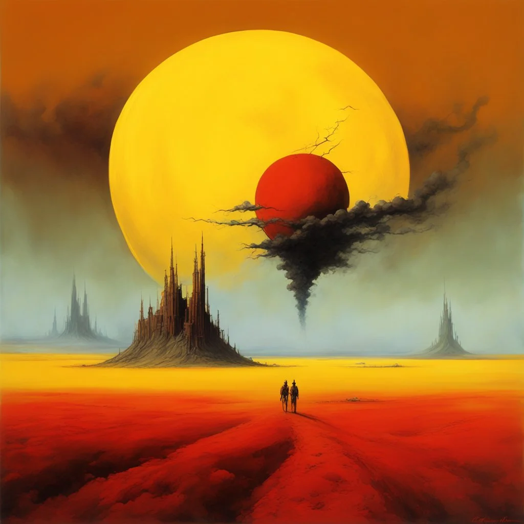 High concept art, dramatic unreal landscape, by Gerald Scarfe and Zdzislaw Beksinski, large moon on horizon, smoke plumes in distance, dynamic composition, oddball masterpiece, sfumato, complex contrast