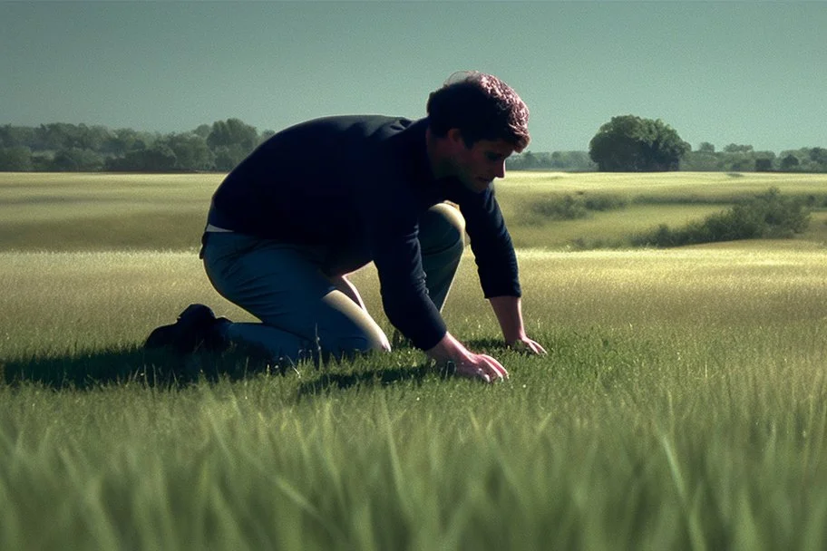 man touching grass by Roger Deakins