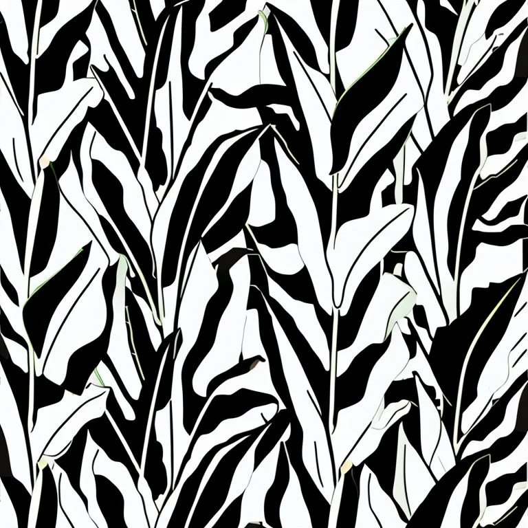 black and white banana leafs wallpaper pattern in vector lines, same line weight