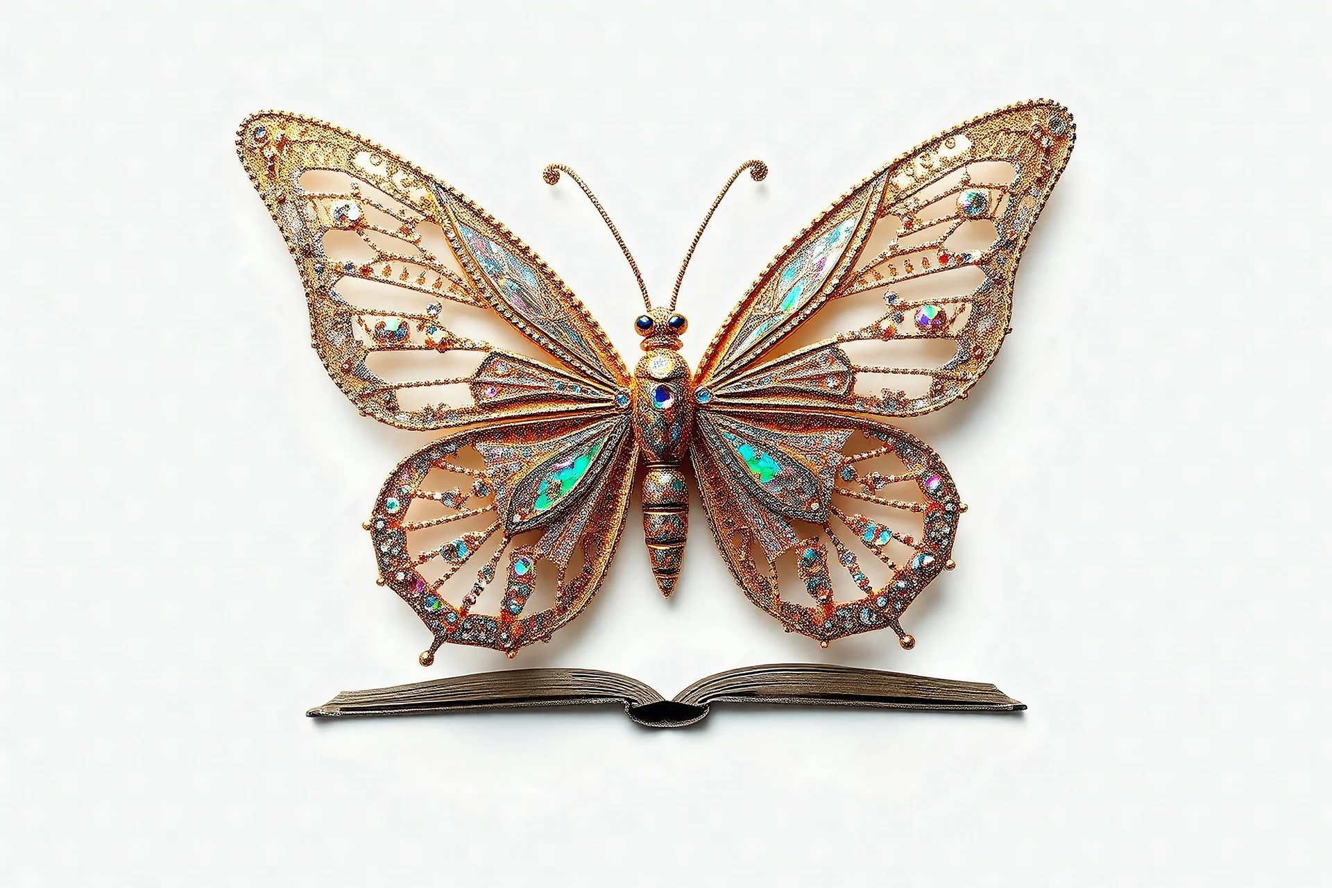Gold and Silver DNA Strands, forming an intricate, book with butterflys ,surreal shape and coloring. Millions upon millions of unique colors glisten from it's scales. White Background