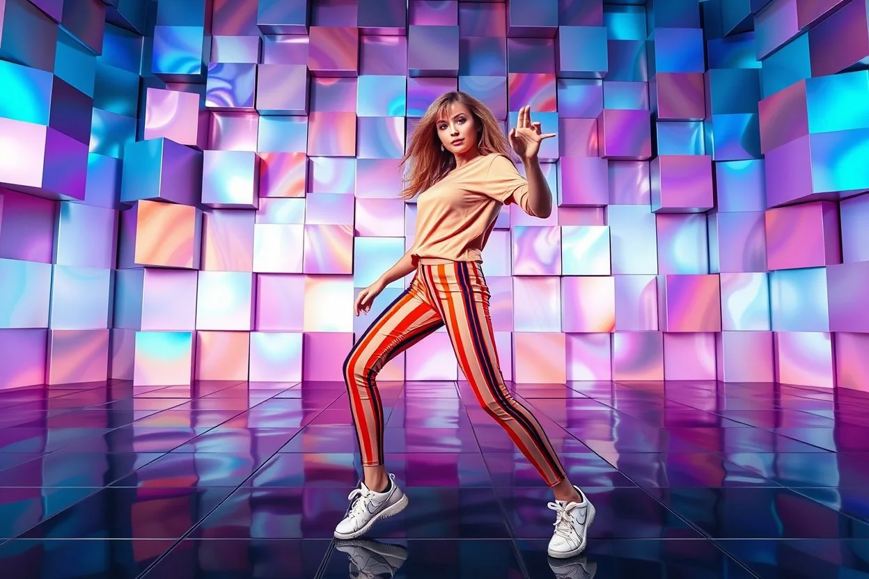 beautiful lady with todays modern clothing and sport shoes, in surreal stage made of fractal random size recursive objects with helical strip colors in clothing similar to environment full body dancing to camera,animating background metallic random color cubes