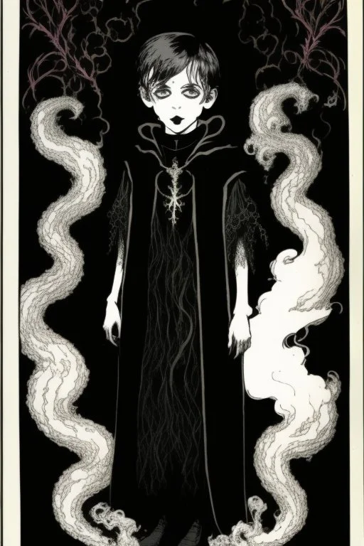 7 year old boy, necromancer, friendly, looks dead, surrounded by weird smoke with eyes, wearing black robes, in the style of Harry Clarke