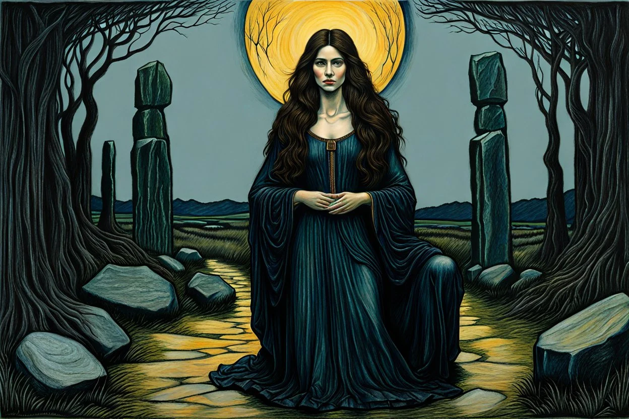 create a full body oil pastel of a dark haired, , raggedly dressed, savage vampire girl with highly detailed , sharply defined hair and facial features , in a dark circle of standing stones at dawn, in the Pre-Raphaelite style of JOHN WILLIAM WATERHOUSE