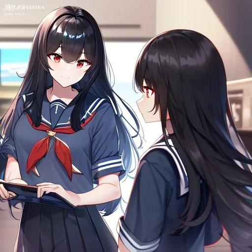 Clear focus, high resolution, black long fluffy hair, red eyes, wearing a sailor uniform, doing a evil smile, Style Video Game