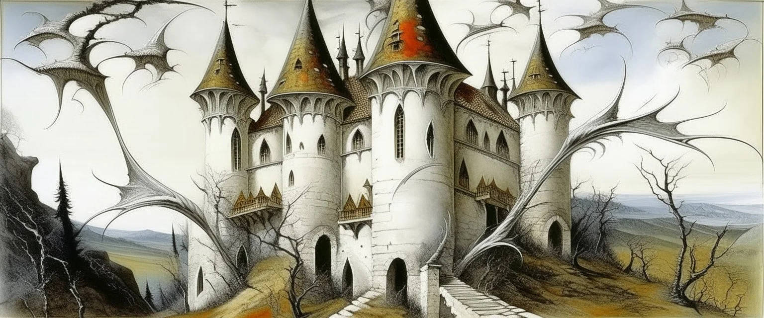 A white vampire bat chateau painted by Salvador Dali